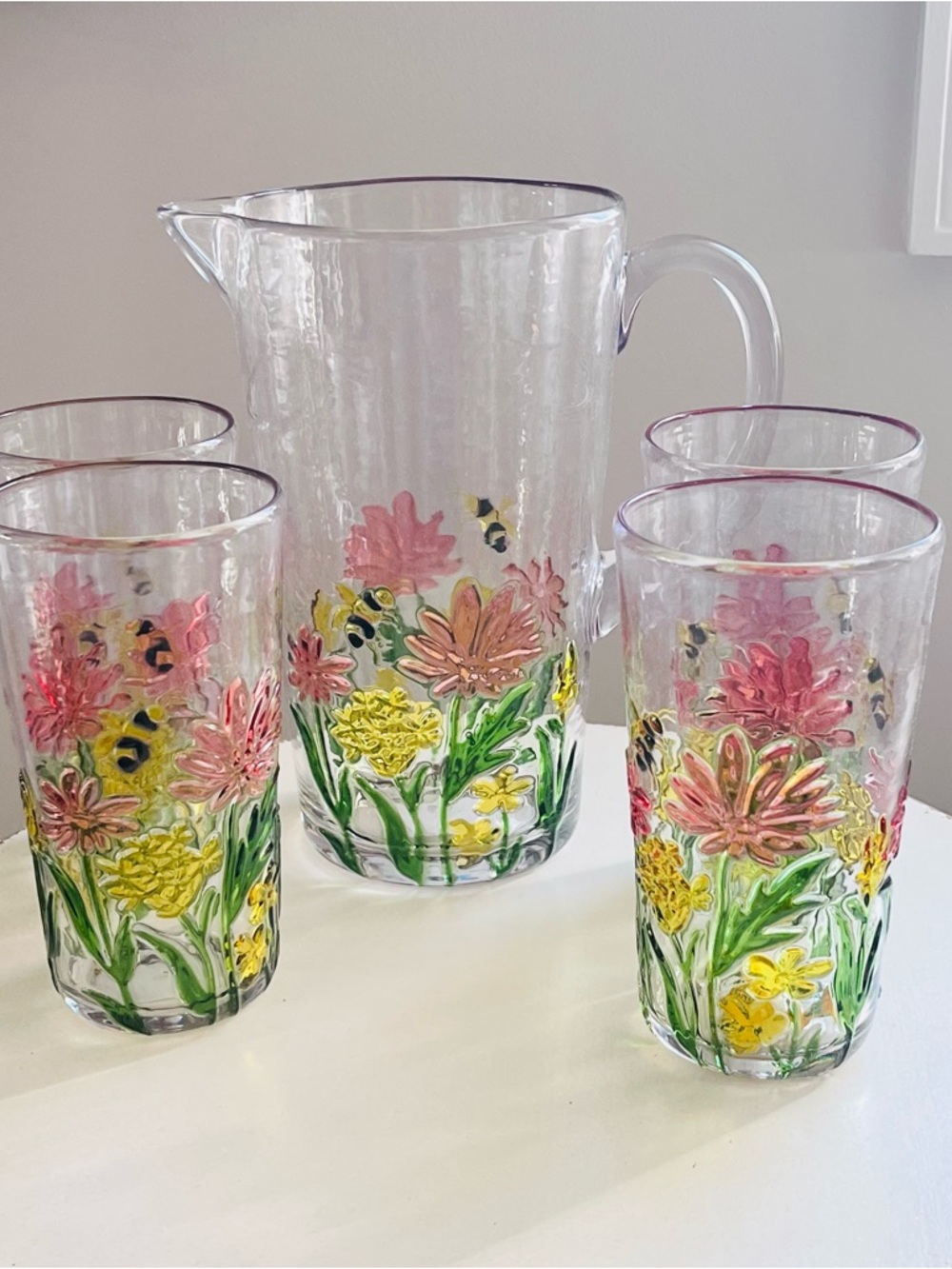 🆕-Summer Flowers Acrylic Pitcher & Tumblers 5pc Set -Pink & Yellow Floral Design